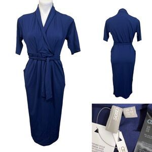 ASOS dress womens faux wrap blue short sleeve knee length office career party -2